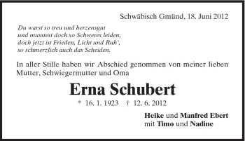 Traueranzeige von Erna Schubert von Gmünder Tagespost
