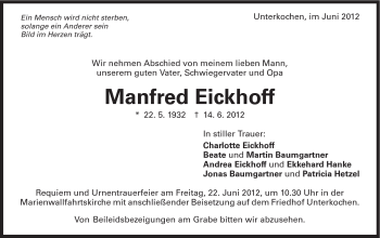 Traueranzeige von Manfred Eickhoff von Schwäbische Post
