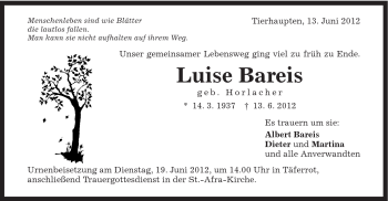 Traueranzeige von Luise Bareis von Gmünder Tagespost