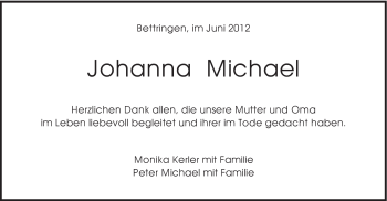Traueranzeige von Johanna Michael von Gmünder Tagespost