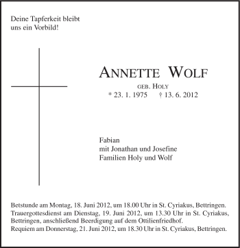 Traueranzeige von Annette Wolf von Gmünder Tagespost