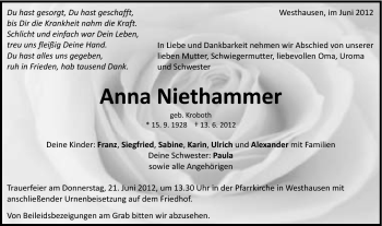 Traueranzeige von Anna Niethammer von Schwäbische Post