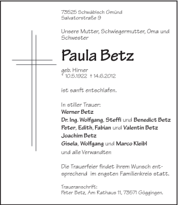 Traueranzeige von Paula Betz von Gmünder Tagespost