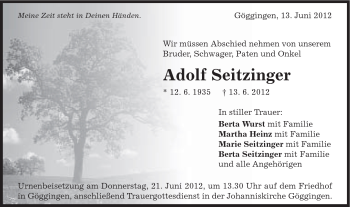 Traueranzeige von Adolf Seitzinger von Gmünder Tagespost