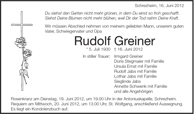  Traueranzeige für Rudolf Greiner vom 18.06.2012 aus Schwäbische Post