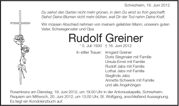 Traueranzeige von Rudolf Greiner von Schwäbische Post