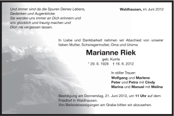 Traueranzeige von Marianne Riek von Gmünder Tagespost