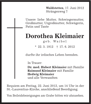 Traueranzeige von Dorothea Kleimaier von Gmünder Tagespost