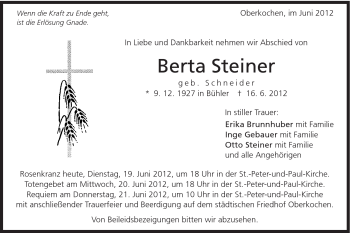 Traueranzeige von Berta Steiner von Schwäbische Post