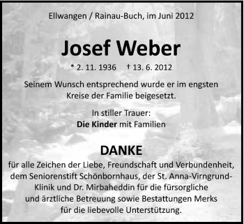 Traueranzeige von Josef Weber von Schwäbische Post