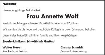 Traueranzeige von Annette Wolf von Gmünder Tagespost