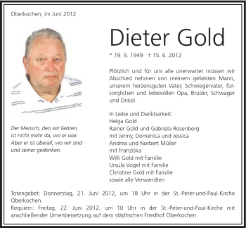 Traueranzeige von Dieter Gold von Schwäbische Post