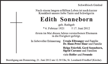 Traueranzeige von Edith Sonneborn von Gmünder Tagespost