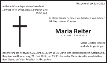 Traueranzeige von Maria Reiter von Schwäbische Post