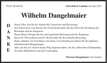Traueranzeige von Wilhelm Dangelmaier von Gmünder Tagespost