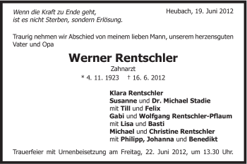 Traueranzeige von Werner Rentschler von Gmünder Tagespost