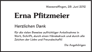Traueranzeige von Erna Pfizmeier von Schwäbische Post