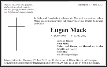 Traueranzeige von Eugen Mack von Schwäbische Post