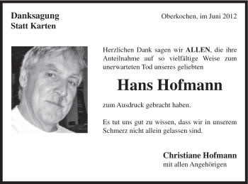 Traueranzeige von Hans Hofmann von Schwäbische Post
