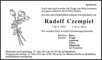 Traueranzeige von Rudolf Czempiel von Gmünder Tagespost