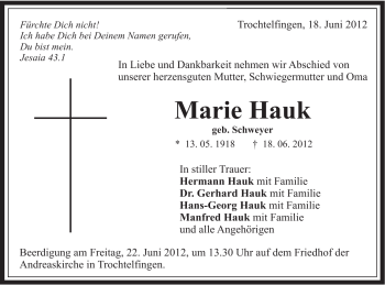 Traueranzeige von Marie Hauk von Schwäbische Post