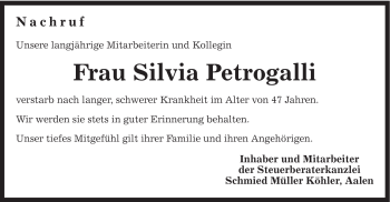 Traueranzeige von Silvia Petrogalli von Gmünder Tagespost