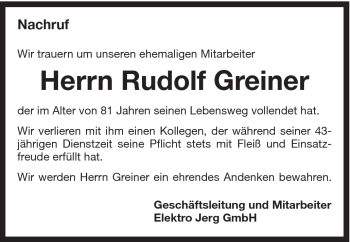 Traueranzeige von Rudolf Greiner von Schwäbische Post