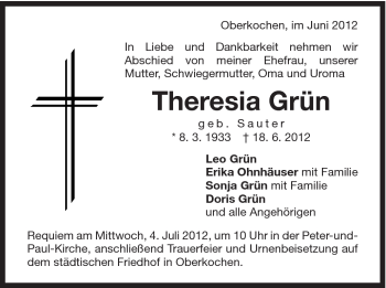 Traueranzeige von Theresia Grün von Schwäbische Post