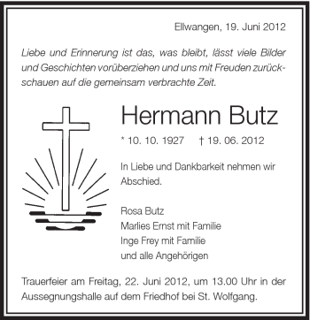 Traueranzeige von Hermann Butz von Schwäbische Post