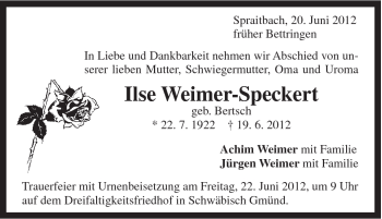 Traueranzeige von Ilse Weimer-Speckert von Gmünder Tagespost