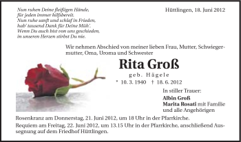 Traueranzeige von Rita Groß von Schwäbische Post