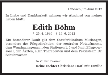 Traueranzeige von Edith Böhm von Gmünder Tagespost