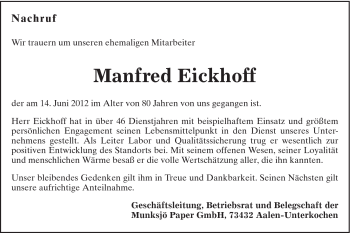 Traueranzeige von Manfred Eickhoff von Schwäbische Post