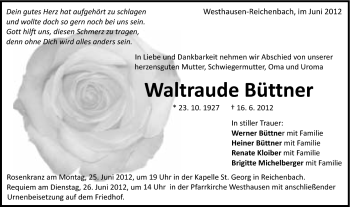 Traueranzeige von Waltraude Büttner von Schwäbische Post