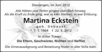 Traueranzeige von Martina Eckstein von Schwäbische Post