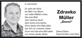Traueranzeige von Zdravko Müller von Gmünder Tagespost