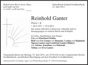 Traueranzeige von Reinhold Ganter von Gmünder Tagespost