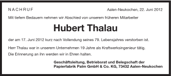 Traueranzeige von Hubert Thalau von Schwäbische Post