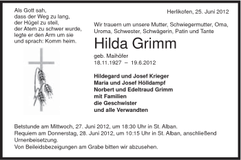 Traueranzeige von Hilda Grimm von Gmünder Tagespost
