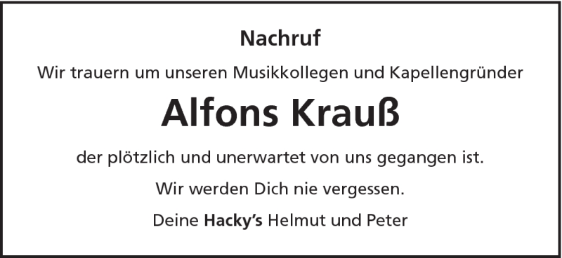  Traueranzeige für Alfons Krauß vom 22.06.2012 aus Schwäbische Post