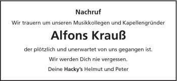 Traueranzeige von Alfons Krauß von Schwäbische Post