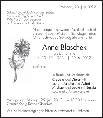 Traueranzeige von Anna Blaschek von Schwäbische Post