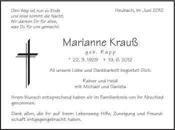 Traueranzeige von Marianne Krauß von Gmünder Tagespost