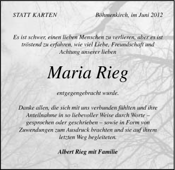 Traueranzeige von Maria Rieg von Gmünder Tagespost