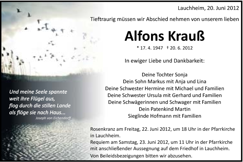  Traueranzeige für Alfons Krauß vom 22.06.2012 aus Schwäbische Post