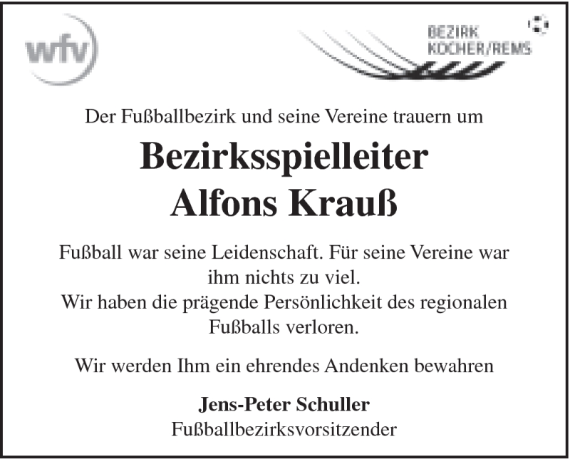  Traueranzeige für Alfons Krauß vom 22.06.2012 aus Schwäbische Post