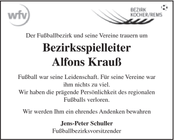 Traueranzeige von Alfons Krauß von Schwäbische Post