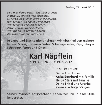 Traueranzeige von Karl Näpflein von Schwäbische Post