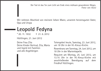 Traueranzeige von Leopold Fedyna von Schwäbische Post