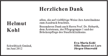 Traueranzeige von Helmut Kohl von Gmünder Tagespost